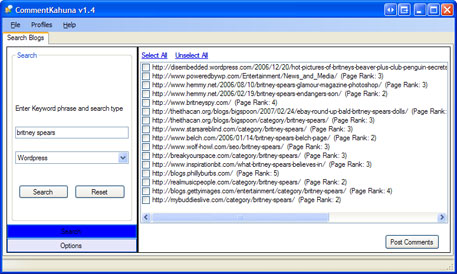 Search screen for CommentKahuna